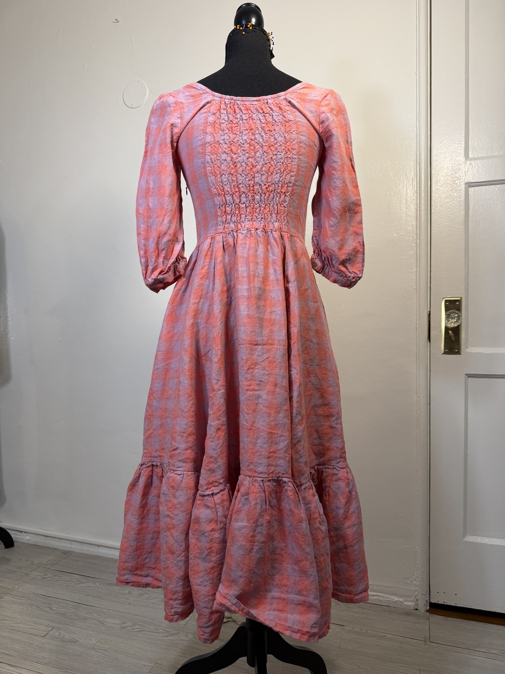 Women's Pink Gingham Check Midi Dress -3/4 Sleeved Ruffled Hem - Picture 10 of 11